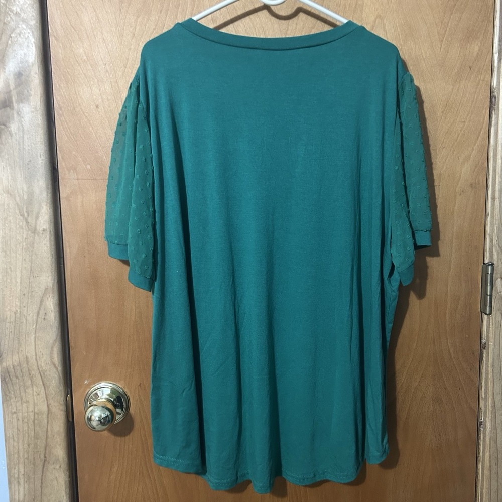 Women V Neck Shirt Short Sleeve Sz 4X Green w/Sheer Arm Sleeves - Picture 4 of 6